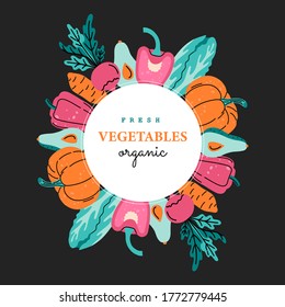Verduras frescas, tarjeta de saludo en círculo, plantilla para carteles, carteles y pancartas con texto. Ilustración vectorial dibujada a mano en estilo plano moderno, fondo aislado.