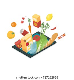 Fresh vegetables and grocery products bursting from a digital tablet, online grocery shopping and food app concept