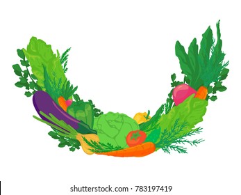 Fresh vegetables half circle frame. Vector element design illustration isolated from white. Health eating, farm, eco, organic food label, ad, advertisement.