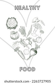 Fresh vegetables hand drawn logotype. Doodle background vector. Colorful illustration with sketch objects and food ingredient. Postcard with healthy food and fresh food. Heart shape.
