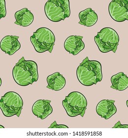 Fresh vegetables hand drawn seamless pattern. Doodle background vector. Colorful illustration with sketch objects and food icon collection. Decorative backdrop or wallpaper, cabbages set