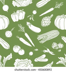 Fresh vegetables hand drawn seamless pattern vector. Doodle background. Colorful illustration with sketch objects