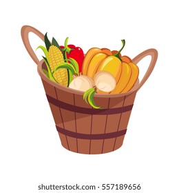 Fresh Vegetables Harvest Set In Wooden Bucket, Farm And Farming Related Illustration In Bright Cartoon Style