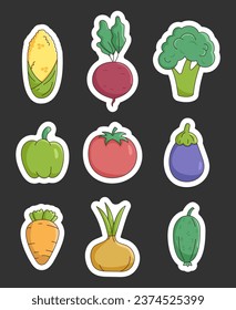 Fresh vegetables. Healthy food and harvest. Sticker Bookmark. Tomato, carrot, broccoli, cucumber and other. Hand drawn style. Vector drawing. Collection of design elements.