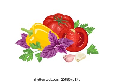 Fresh vegetables and herbs isolated on white background.  Vector cartoon flat illustration of bell pepper, tomato, garlic, basil leaf and parsley 