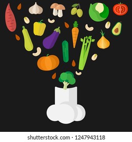 Fresh vegetables icons. Colorful composition of vegan and raw food. Healthy eating, nutrition, cooking and diet template.