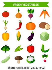 Fresh vegetables icons set. Flat vector illustration for your design.  Colorful template for cooking, restaurant menu and vegetarian food