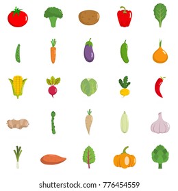 Fresh vegetables icons set. Flat illustration of 25 fresh vegetables vector icons isolated on white background