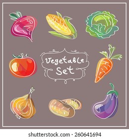 Fresh vegetables icons set. Vector illustration. Hand drawn food design.