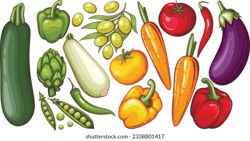 Fresh Vegetables Illustration, Vegetables Mix of zucchini, Tomato, Onion, Carrot, Garlic, artichoke, green pea, olives and Bell Pepper