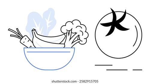 Fresh vegetables including broccoli, carrots, and lettuce in a bowl with a stylized tomato icon. Ideal for healthy eating, nutrition, veganism, organic food, recipes, culinary blogs, wellness. Banner