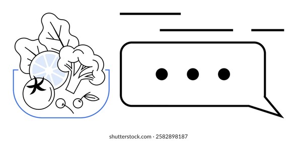 Fresh vegetables including tomato, broccoli, and spinach inside a blue-outlined bowl, beside a text message bubble with ellipsis. Ideal for nutrition blogs, healthy living websites, cooking apps