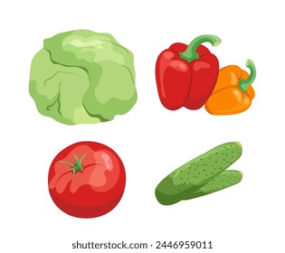 Fresh vegetables ingredients for salad set with tomato, cabbage, cucumber, pepper isolated on white