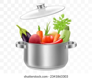 Fresh vegetables into a stainless steel pot isolated on a transparent background. Healthy cooking concept illustration. Realistic 3d vector design