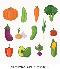 Fresh vegetables isolated on a white background.  Concept healthy food. Vector flat cartoon illustration.