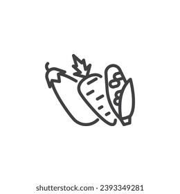 Icono de línea de Verduras frescas. signo de estilo lineal para concepto móvil y diseño web. Planta de huevos con icono del vector del contorno de zanahoria y maíz. Símbolo, ilustración del logotipo. Gráficos vectoriales