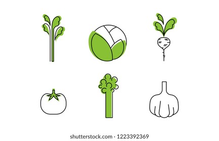 Fresh vegetables line icons set, cabbage, greenery, radish, tomato, garlic, broccoli, asparagus, organic healthy food vector Illustration on a white background