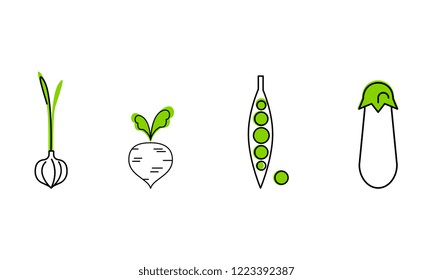 Fresh vegetables line icons set, garlic, green peas, beetroot, eggplant, organic healthy food vector Illustration on a white background