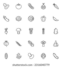 Iconos de línea de verduras frescas. colección de símbolos de estilo lineal, paquete de signos de contorno. Gráficos vectoriales de verduras. El juego incluye íconos como papa, tomate, brócoli, coliflor, pimiento picante, calabaza