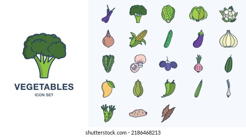 Fresh Vegetables linear coloured icon set