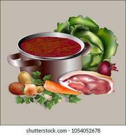  Fresh vegetables and meat for borsch. Vector illustration.