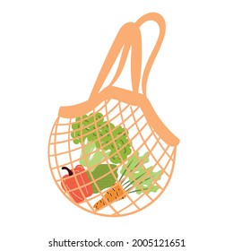 Fresh vegetables in a mesh grocery bag. A modern customer with fresh organic products from the local market. No concept of plastic bag contamination. Become green, without plastic. Cartoon flat style.