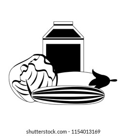 Fresh vegetables and milk in black and white