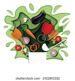 Fresh vegetables (Mix of vegetables) fall into the pan. Vector layered paper cut style illustration. Cooking healthy food. Natural organic food for poster menu template. EPS 10 editable
