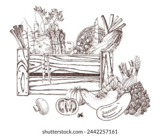 Fresh vegetables mix in a wooden crate and next to it.