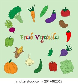 Fresh vegetables on light green background with the inscription. Autumn harvest. Set of icons depicting vegetables. Vector illustration