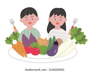 Fresh vegetables on a plate
Children's food education image illustration