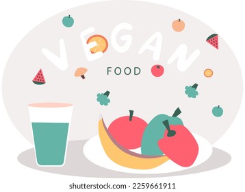 Fresh vegetables on plate. Cooking food. Healthy meal. Natural organic vegetarian food for menu poster banner template. Delicious vegan salad, glass of juice, banana, apple and pear set for smoothies