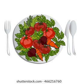 Fresh vegetables on a plate. A set of cutlery on the table. Vector hand drawn illustration. Concept healthy lifestyle, balanced and proper nutrition