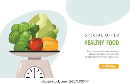 Fresh vegetables on Scales. Healthy eating and diet concept. Vector web banner, web page template.