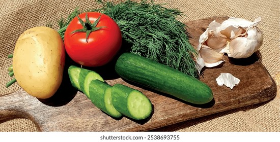 Fresh vegetables on the table for cooking. Set of fresh vegetables. Tomato, cucumber, dill, potato, garlic on a wooden board. Set of vegetables for salad. Cooking and recipes.