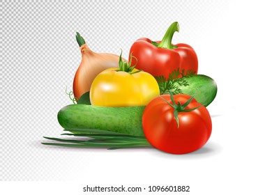 Fresh vegetables on transparent background. Tomatoes, cucumbers, pepper and onion composition. Realistic vector, 3d illustration