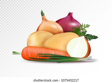 Fresh vegetables on the transsparent background. Realistic potato, onion and carrot composition. Vector illustration, 3d