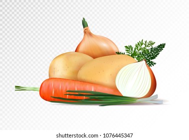 Fresh vegetables on the transsparent background. Realistic potato, onion and carrot composition. Vector illustration, 3d