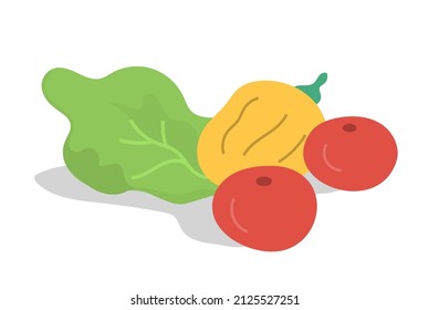 Verduras frescas de fondo blanco. Tomate rojo, pimienta amarilla, lechuga verde. Ilustración vectorial plana aislada en fondo blanco