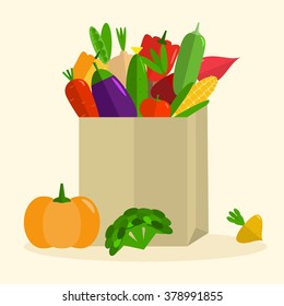 Fresh vegetables in paper bag. Eco banner. Organic food concept. Vegetarian diet. Bright colorful vegetables. Tomato and cucumber, corn and eggplant. Flat isolated elements. Vector illustration.