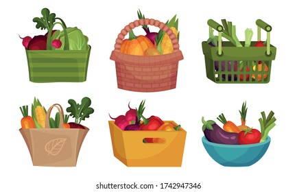 Fresh Vegetables in Paper Bag and Plastic Basket Vector Set