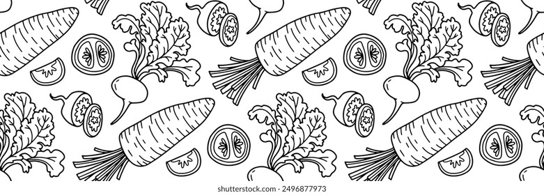 Fresh Vegetables Pattern. Carrot, salad and radish doodle illustration. Harvest festival vegetable background. Organic vitamin ingredients for cooking healthy food. Vector outline illustration.