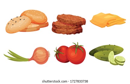 Fresh Vegetables and Patty Cake for Hamburger Preparation Vector Set