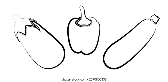 Frisches Gemüse. Pfeffer, Auberginen und Squash im flachen Stil. Vektorgrafik einzeln auf weißem Hintergrund