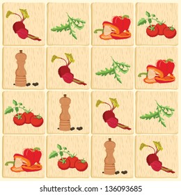 Fresh vegetables and pepper shaker on kitchen tiles. Vector Illustration made in linocut style. EPS 10 