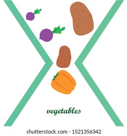 Fresh vegetables. Peppers, beets, potatoes. Organic food poster. Farmers market design. Vector