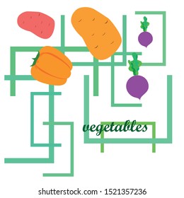 Fresh vegetables. Peppers, beets, potatoes. Organic food poster. Farmers market design. Vector