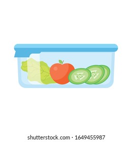 Fresh vegetables in plasic container: salad, tomatoes, cucumber slices, organic natural tasty food. Vector illustraion on white background, isolated
