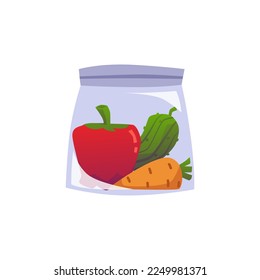 Fresh vegetables in plastic bag or food container, flat vector illustration isolated on white background. Bell pepper, cucumber and carrot in hermetic bag. Concept of food storage in fridge.
