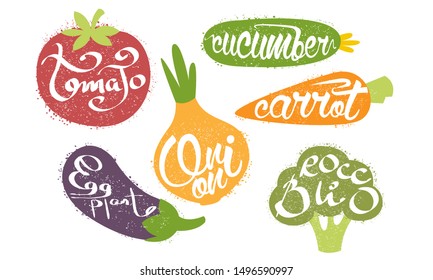 Fresh Vegetables Prints Set, Tomato, Cucumber, Carrot, Eggplant, Onion, Broccoli Grunge Style Vector Illustration